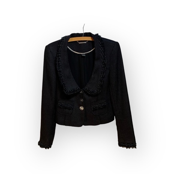 White House Black Market Jackets & Blazers - WH|BM Black Tweed Hourglass Fitted Jacket with Polka Dot Ruffle Accents Size 6